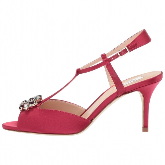 L.K.Bennett Yvette Red Embellished Stiletto Sandal Raspberry Satin Heel Pump - Picture 6 of 11